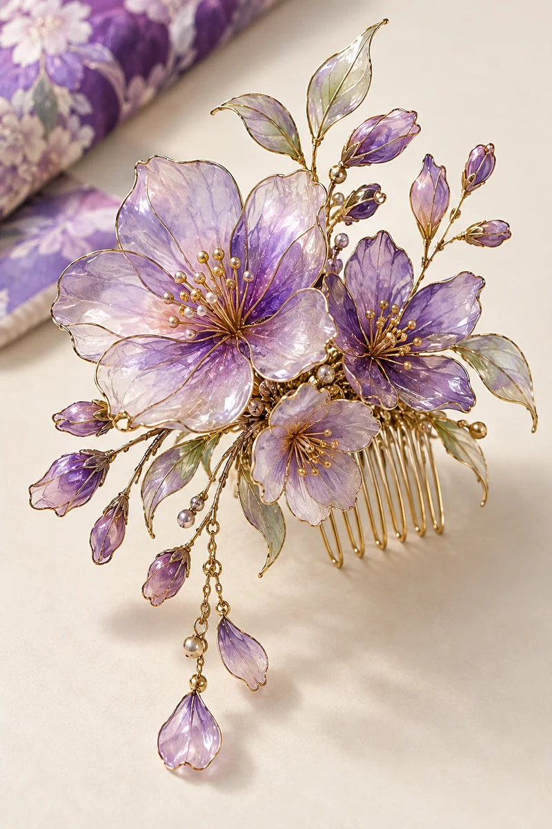 薄い藤色の花びらと金色の輪郭の質感を表すAIデザイン案