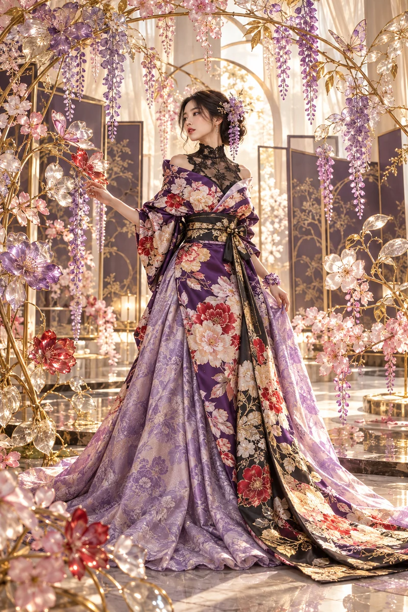 着物ドレスと透ける花の空間を描いたAI世界観コンセプト画像